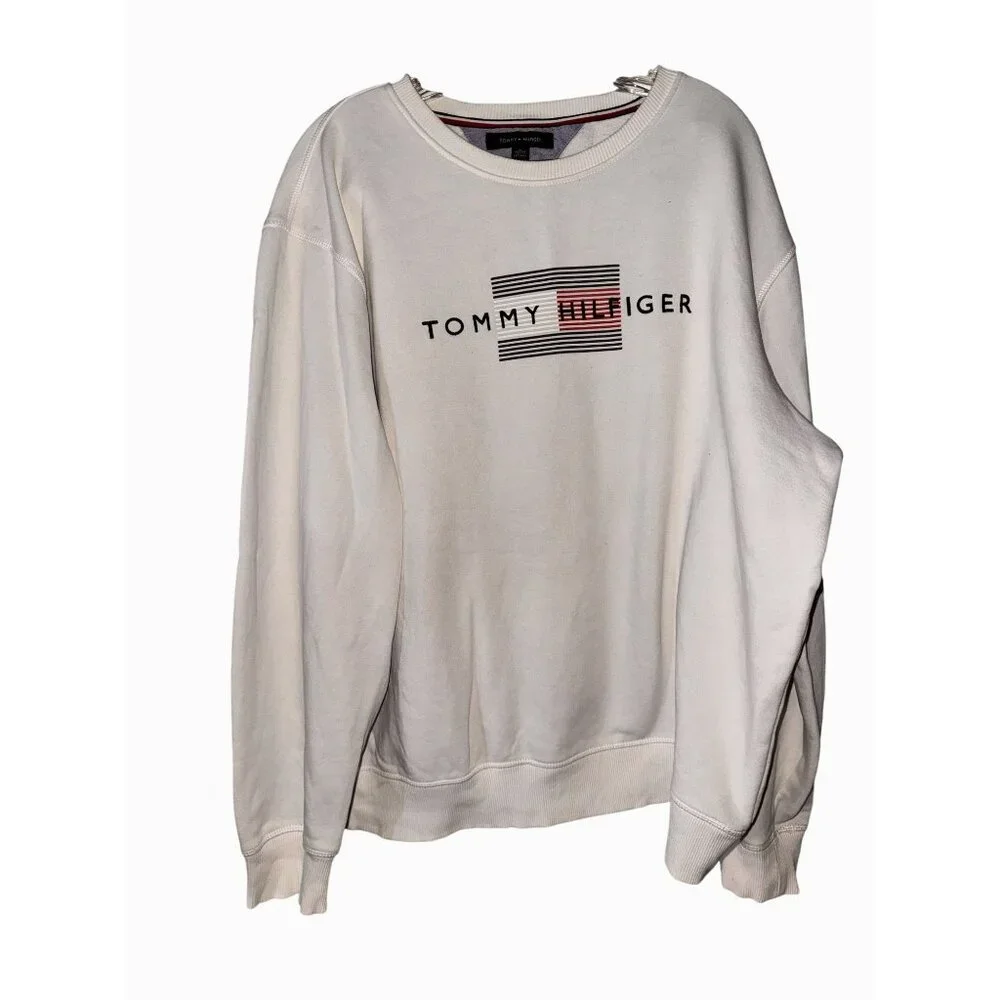 Tommy Hilfiger White Logo Sweatshirt XL Crewneck Cotton/Polyester Unisex Casual - Picture 8 of 8